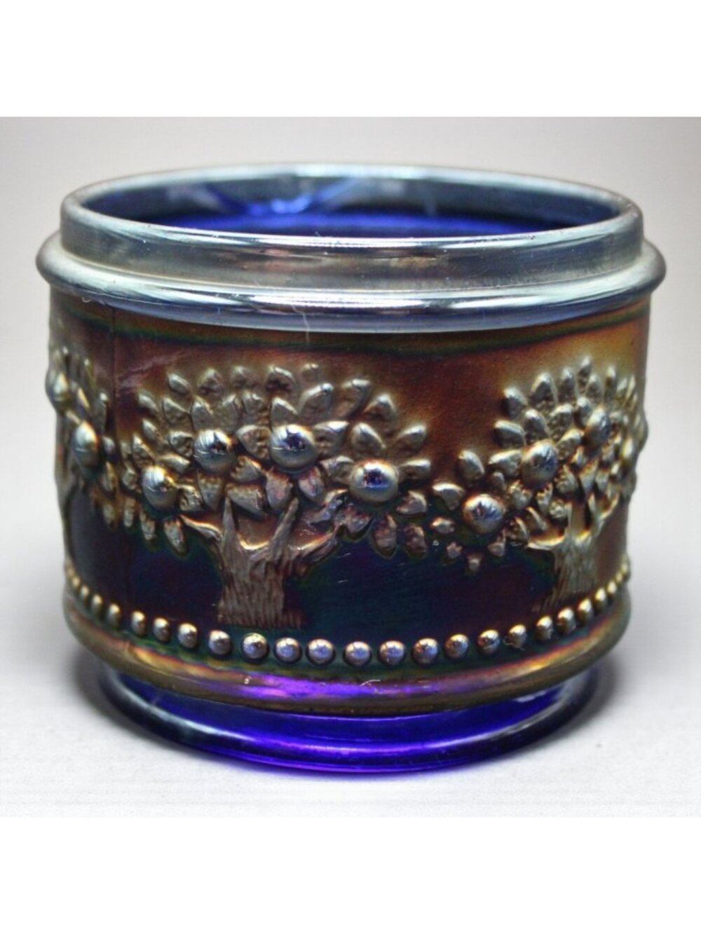 Antique Fenton Carnival Glass Orange Tree Powder Jar Cobalt Blue No Lid